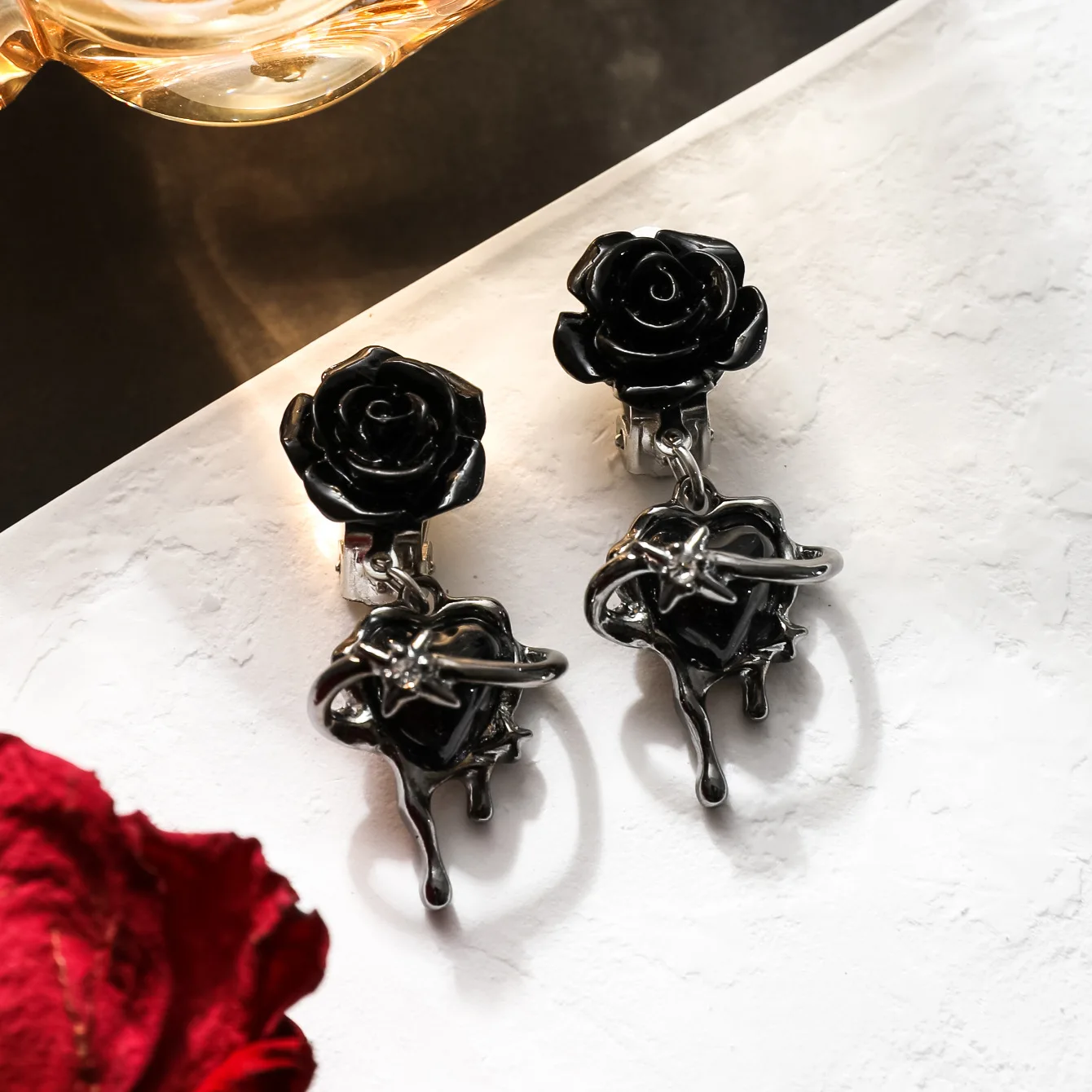 Ear Clip Earrings Gothic Punk Style Black Rose Clip Earrings for Women Cool Personality No Piercing Earrings Fashion Jewelry Accessories Gifts ear clip earrings,clip earrings,ear clip