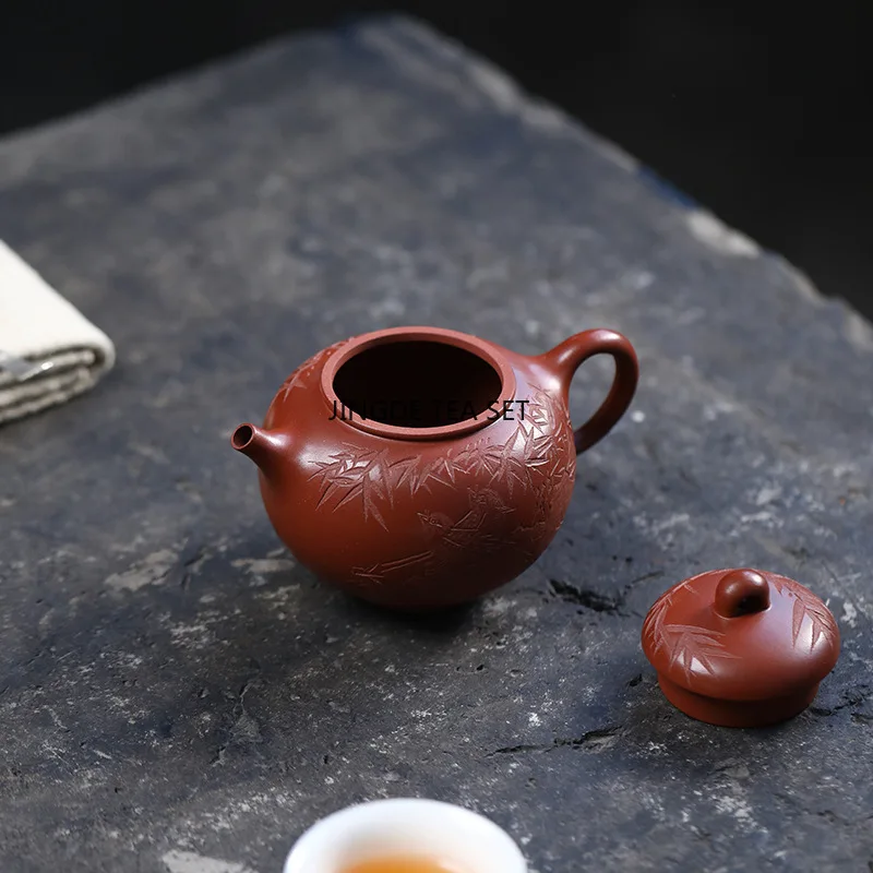 180ml Yixing purple clay teapot hand carved with bird and bamboo leaves infusion tea pot Chinese tea set