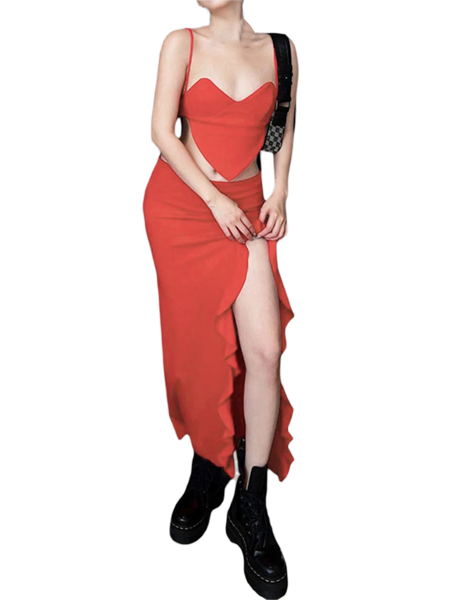 

Heart-Shaped Camisole and Ruffled Slit Skirt Set for Women s Club Party with Low Waist Long Skirt