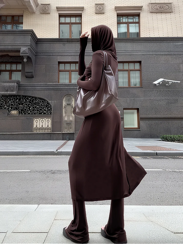 Nibber Fashion Autumn New Style 2Piece Set Woman Hooded Full Sleeve Splits Long Dresses+High Waist Flare Pants High Street Suits