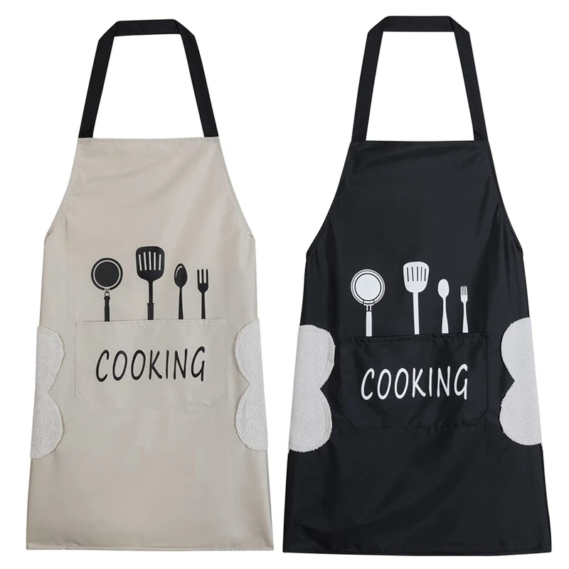 

2 Pack Kitchen Apron With Hand Wipe, Water-Drop Resistant With 2 Pockets Cooking Bib Apron For Women Men Chef Durable