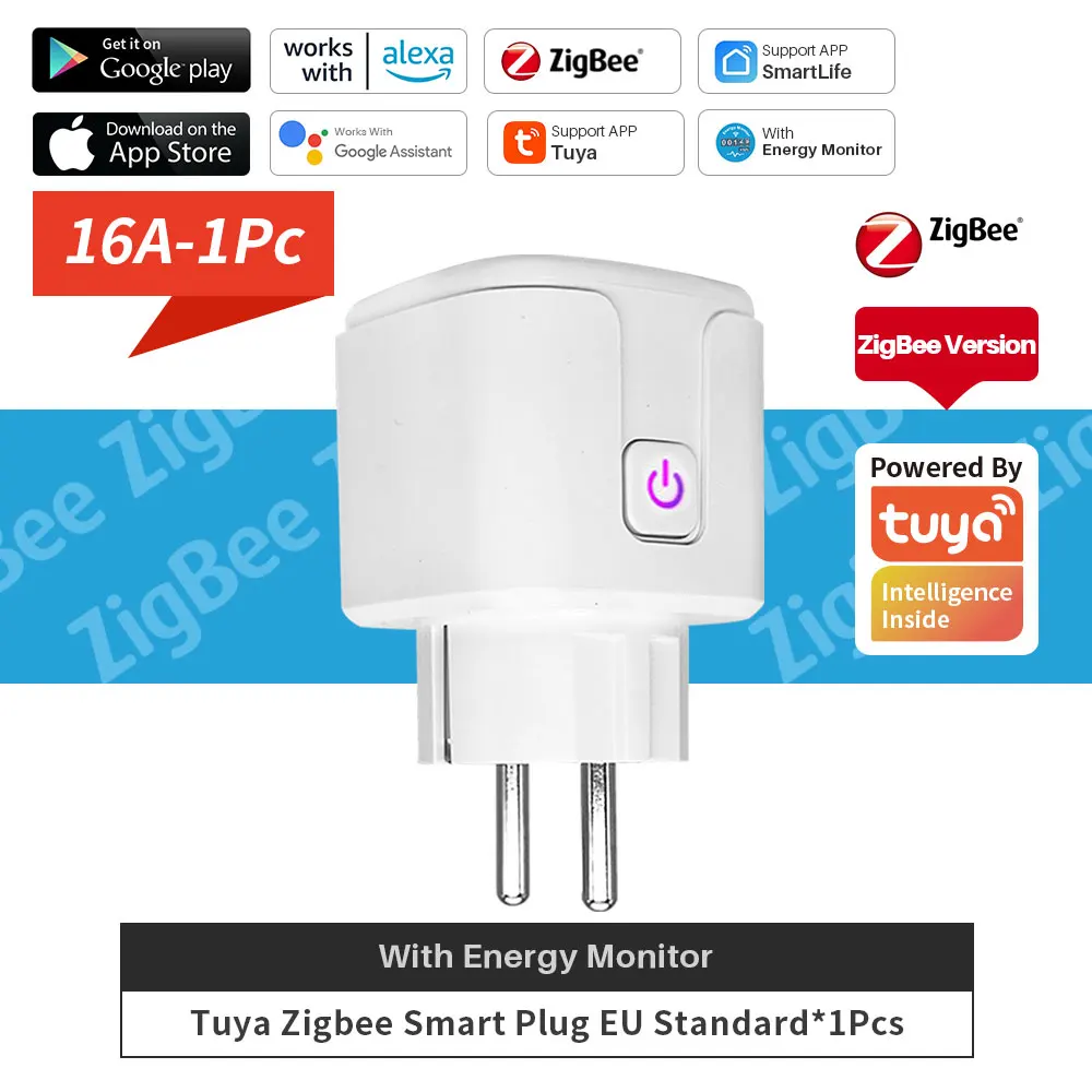 Розумна розетка Zigbee Tuya 16A EU - голосове керування з таймером, моніторинг енергоспоживання, сумісна з Alexa та Google Home