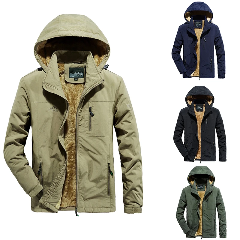 2024 Men's Jacket  Casual Fashion Fleece Thicked Keep Warm Youth Outdoor Windproof  Quick Dry Coat Hooded Winter WearWindbreaker