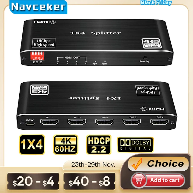 1x4 HDMI Splitter | 4 Port | 1 in - 4 Out | Ultra HD 4K/2K @ 60Hz (60 fps),  HDR | HDMI 2.0, HDCP 2.2 | Full HD/3D | 1080P | DTS | Digital Sound 