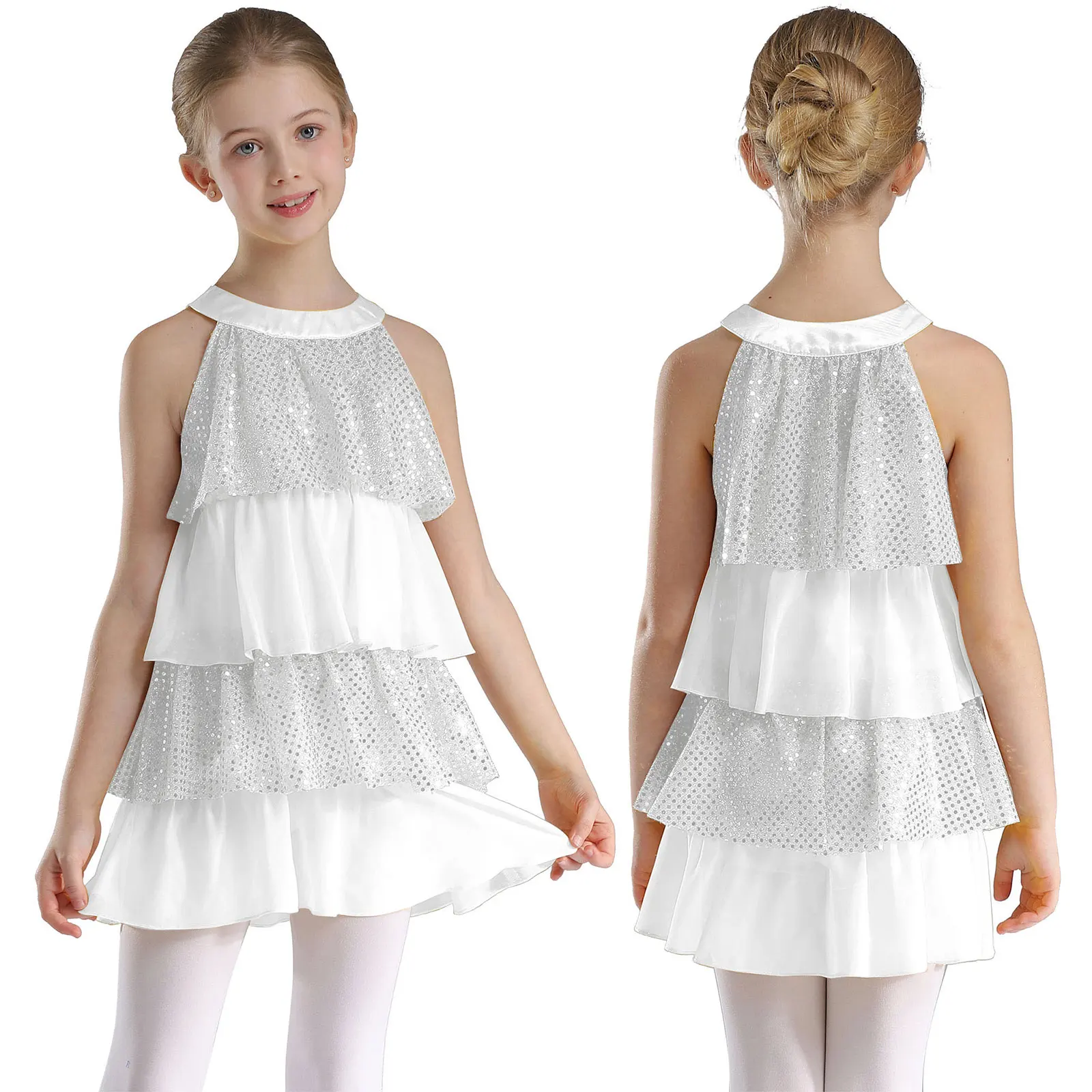 thumbnail image 1 of Niños Niñas lentejuelas brillantes moderno Jazz baile latino traje de actuación escalonado vestido con volantes Patchwork A-Line Ballet Unitards vestido, 1 of 5