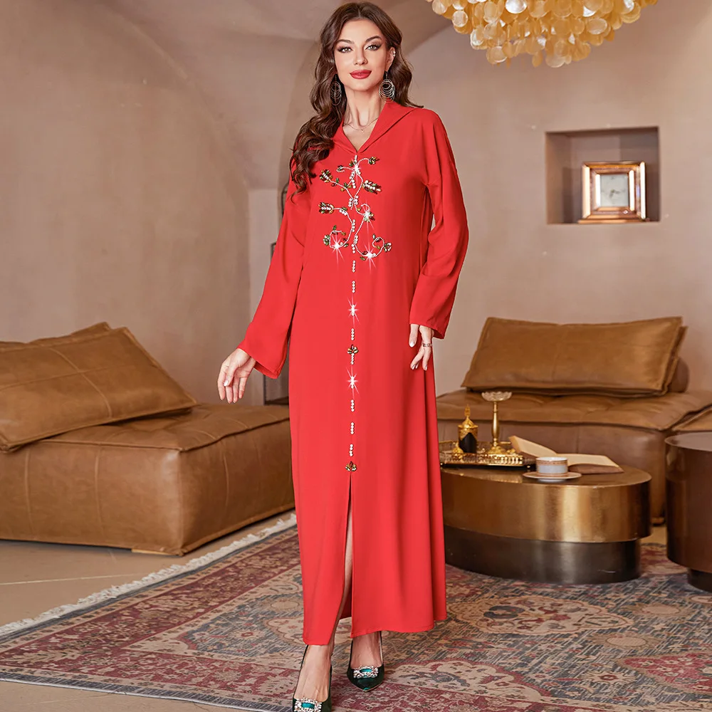 

Djellaba Moroccan Kaftan Robe Red Muslim Abaya Dubai Turkey Arabic African Islamic Dress for Women Caftan Marocain Saudi Arabia