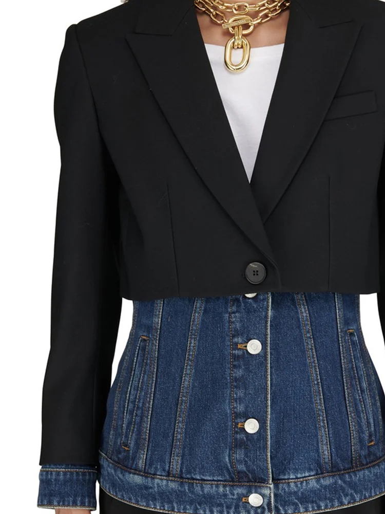 KBQ Patchwork Denim Blazer For Women Notched Collar Long Sleeve Tunic Chic Colorblock Blazer Female Autumn Fashion Clothing New