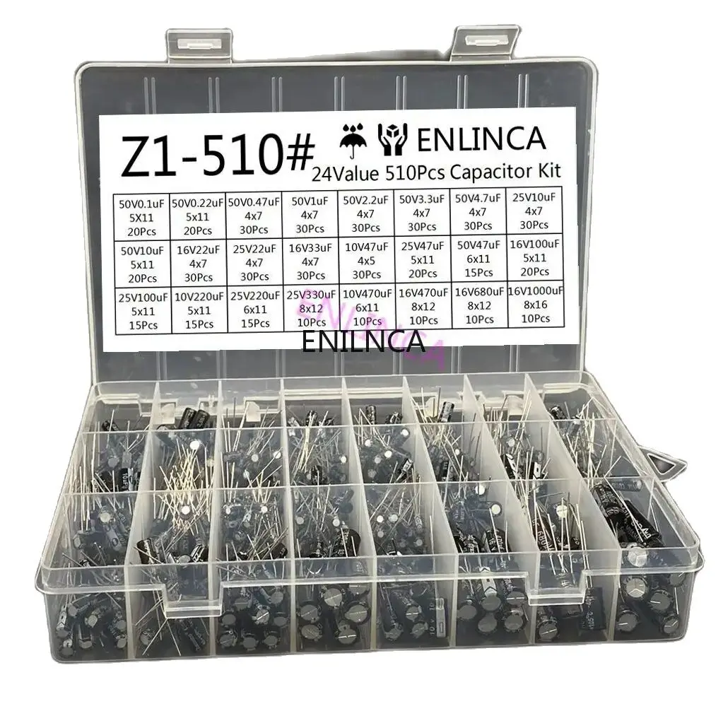 Aluminum electrolytic capacitor 510Pcs/lot 0.1UF-1000UF 24Values Aluminum Electrolytic Capacitors 16-50V mix Electrolytic capacitor Assorted kit and storage box