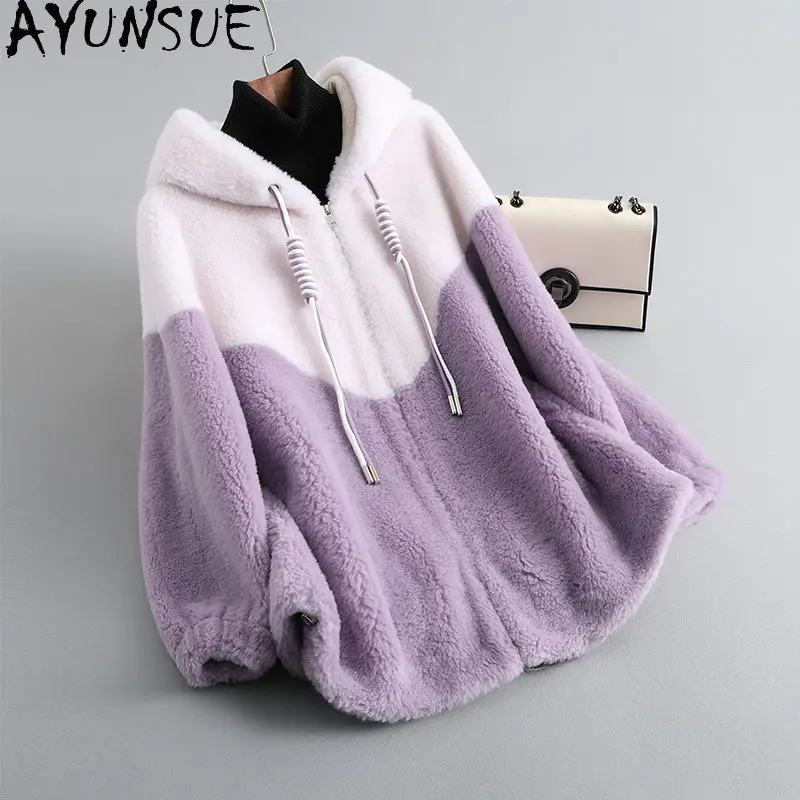 Ayunsue Giacca Da Tosatura Di Pecora Con Cappuccio Per Donna 2023 Inverno 100% Cappotti Di Lana Cappotti E Giacche Di Pelliccia Coreana Outwears Abrig
