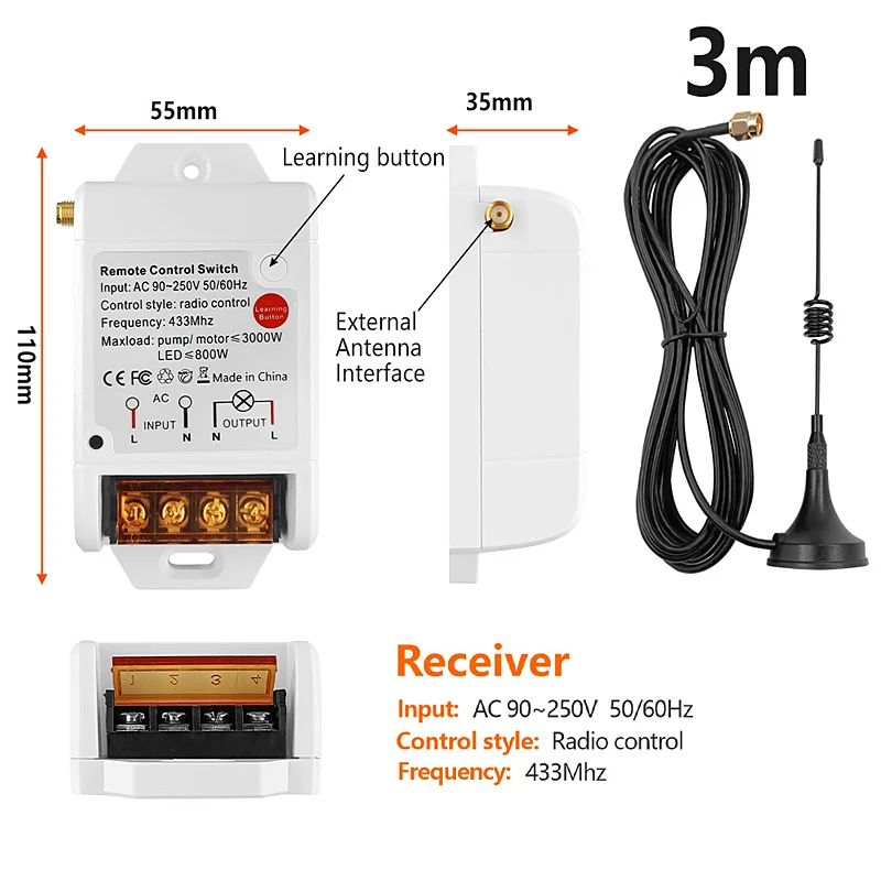 Telecomando RF433 MHz 3000m 30A 220V AC per Pompa Acqua, Interruttore Wireless RF con Ricevitore Radio 1KM 3KM 5KM - immagine 2