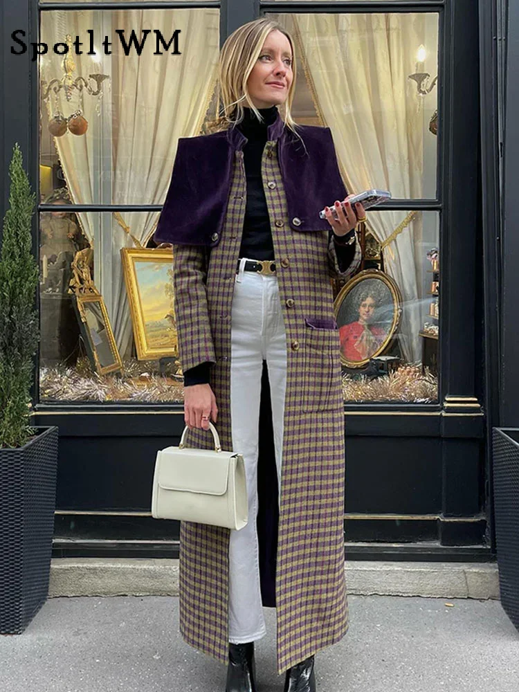 

Женское длинное пальто в клетку, винтажное клетчатое пальто контрастной расцветки с отложным воротником, карманами и пуговицами, 2024