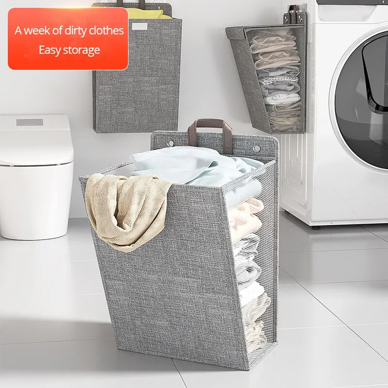 1pc Foldable Adhesive Laundry Basket Hamper, Washing Clothes Mesh Hook Organizer 2