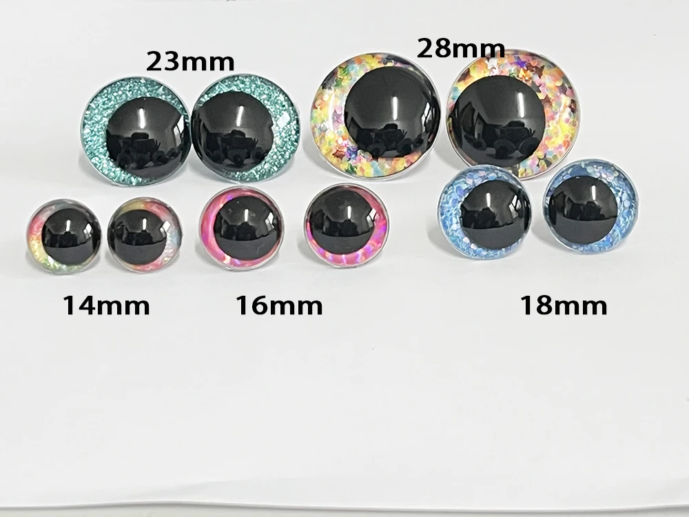 20pcs/lot 12mm 14mm 16mm 18mm 20mm 23mm  28mm comical Round  glitter toy eyes  With handpress washer for doll findings---S9