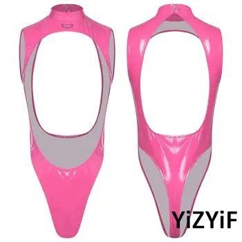 Womens Glossy PU Leather Bodysuit Wit Metal D-ring Open Front Backless High Cut Leotard Jumpsuit Swimwear for Rave Club Wear
