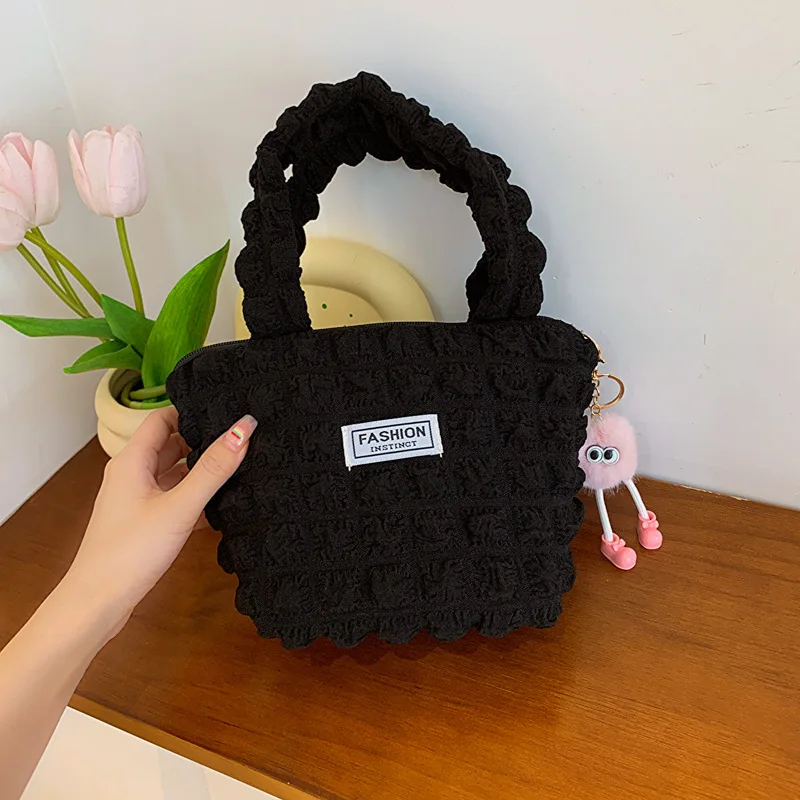 Bubble Flower Handbag for Women's New Little Fresh Girl Checkered Luxury Brand Handbag with Folded Shopping Top-Handle Bag