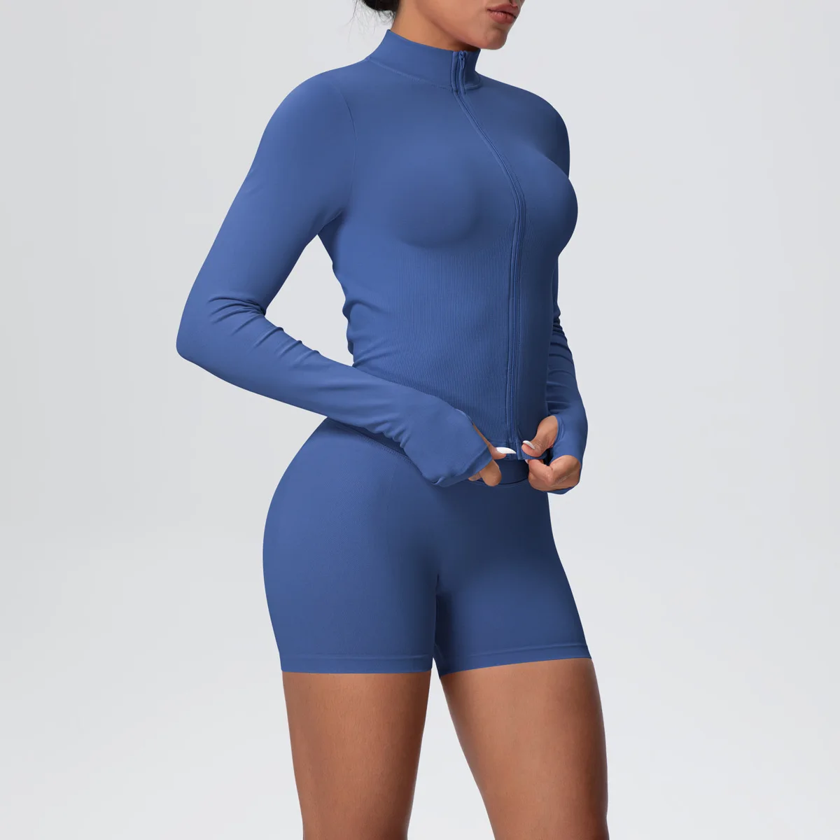Women Gym Set - Seamless Yoga Suit With Zip Shirt & Cycling Shorts Activewear