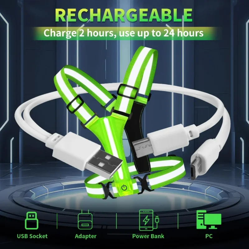 LED 러닝 조끼 USB 충전식 반사 발광 스트랩 높은 가시성 야간 러닝 라이딩 의류 탄성 밴드