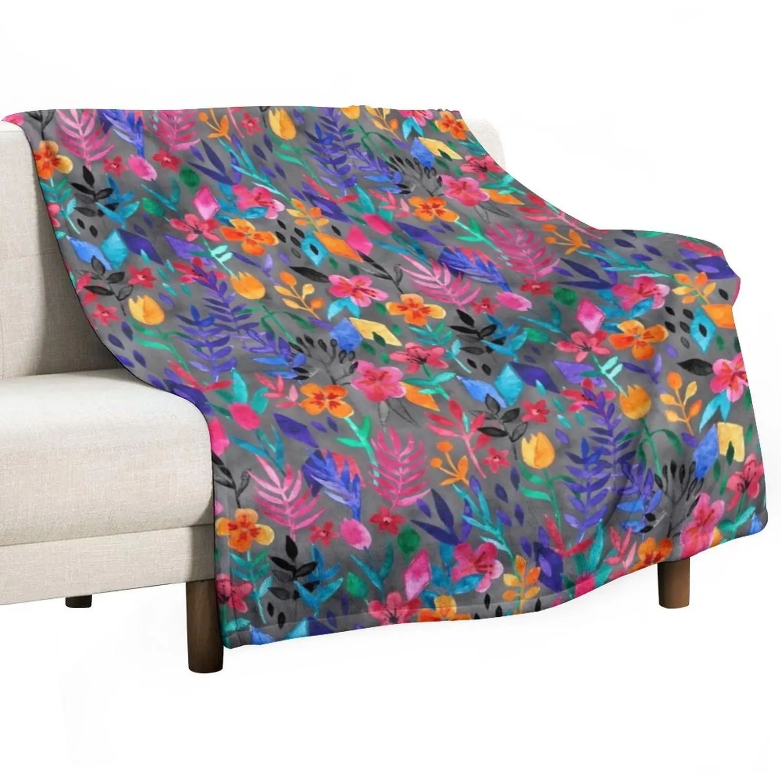 

Popping Color Painted Floral on Grey Throw Blanket Decorative Throw Decoratives Picnic Fluffys Large Blankets