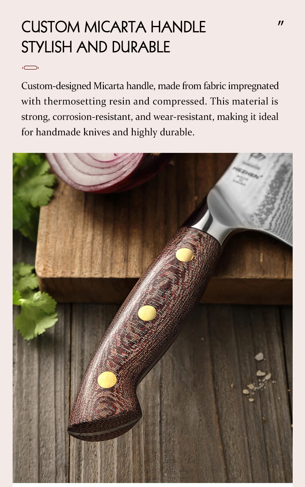 HEZHEN 7 Zoll Hackmesser, Micarta-Griff, japanisches 67-lagiges Gemüsemesser aus Damaststahl, schönes Hackmesser in Geschenkbox – Detail 5