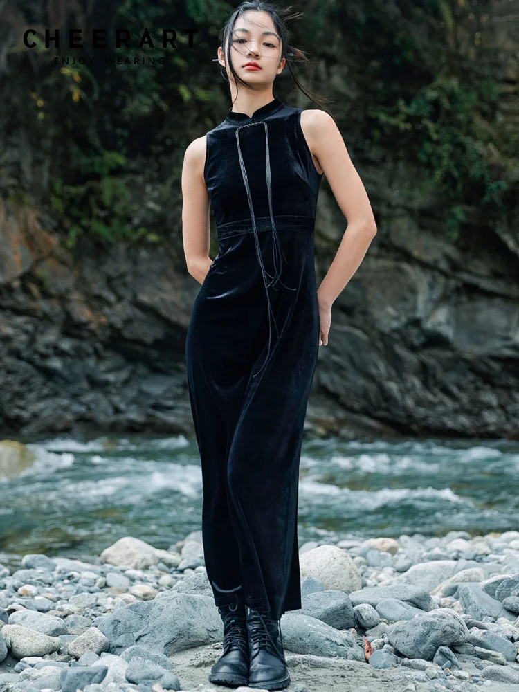 

CHEERART Velvet Black Sleeveless Vintage Long Maxi Dress Women Elegant Luxury Cheongsam Tunics A Line Qipao Dress Spring 2023