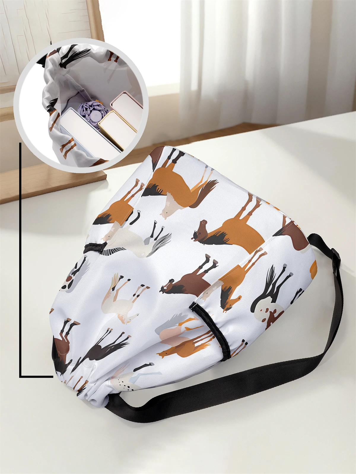 Horse Pattern Pulling Rope Backpack - Large Capacity Durable Fitness Bag, Adjustable Shoulder Strap, Sports Beach Backpack