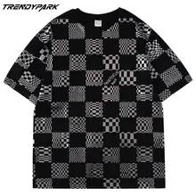

Oversized T-shirt Reflection Grid Cotton O-neck Tops Men's Checked Shirt 2022 Harajuku Streetwear Casual Hip Hop T Shirt for Men