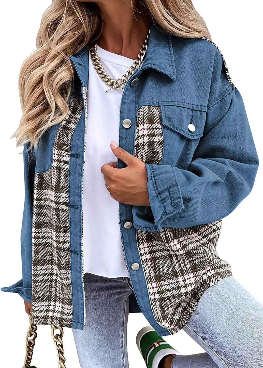 

2023 Autumn/winter Denim Jacket Long Sleeved Plaid Button Up Shirt Jacket Top