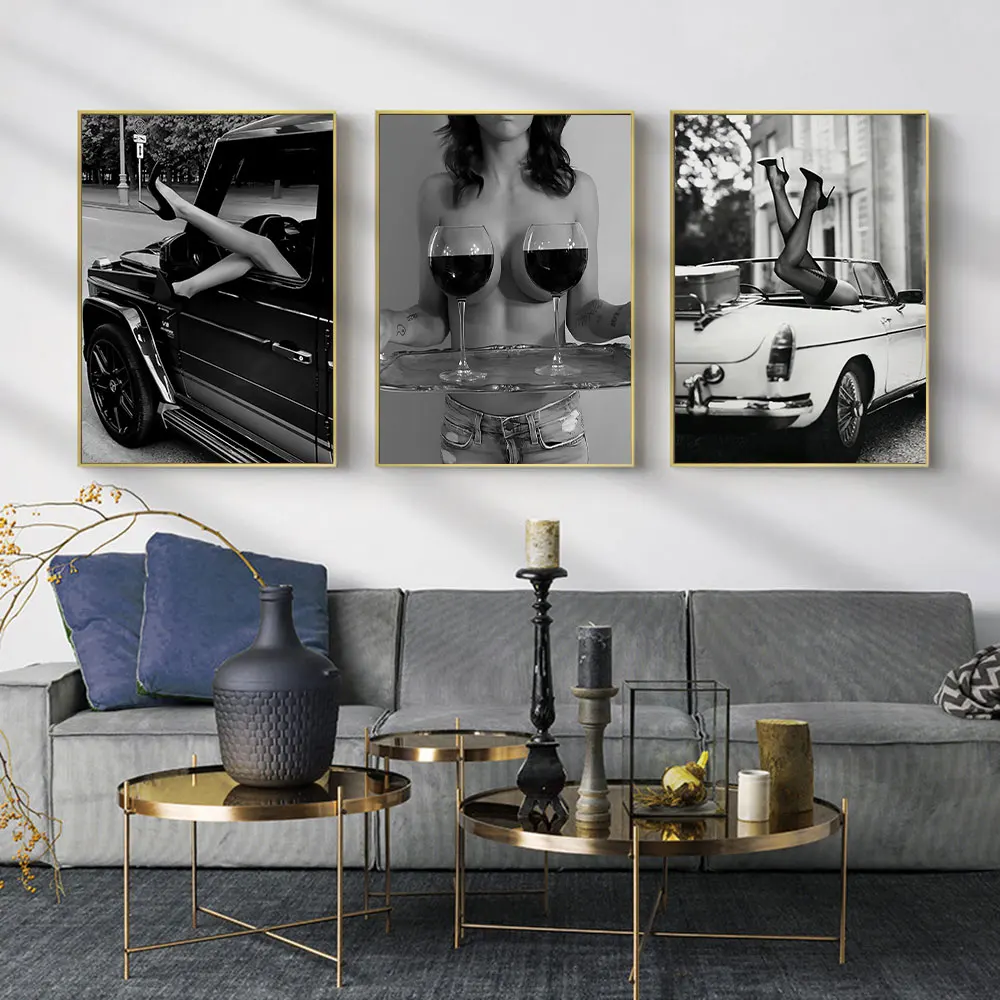 Black and White Luxury Cars, Shoes, Wine Canvas Painting Leopard Poster Print Wall Fashion Art for Living Room Home Office Decor