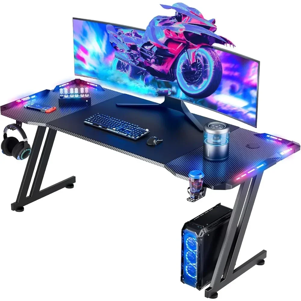 47 Inch Gaming Desk with LED Lights Carbon Fibre Surface Gaming Table Large Computer Desk Ergonomic Home Office Desks Z Shaped 6