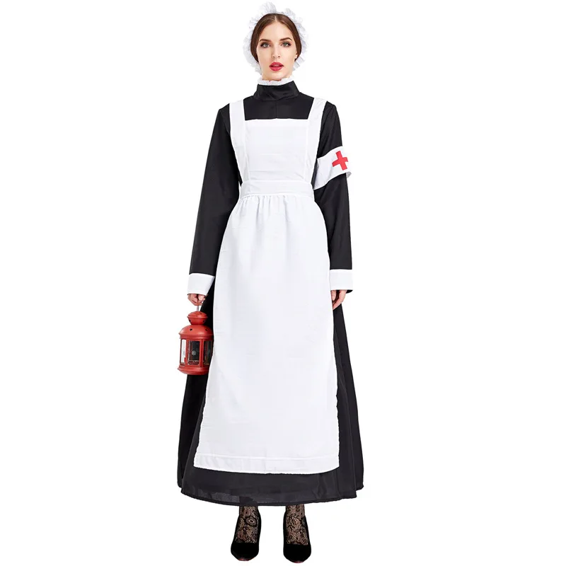 

Женский костюм 19-го века для косплея Европейской медсестры, серое платье, костюм медсестры на Хэллоуин для взрослых с головным убором