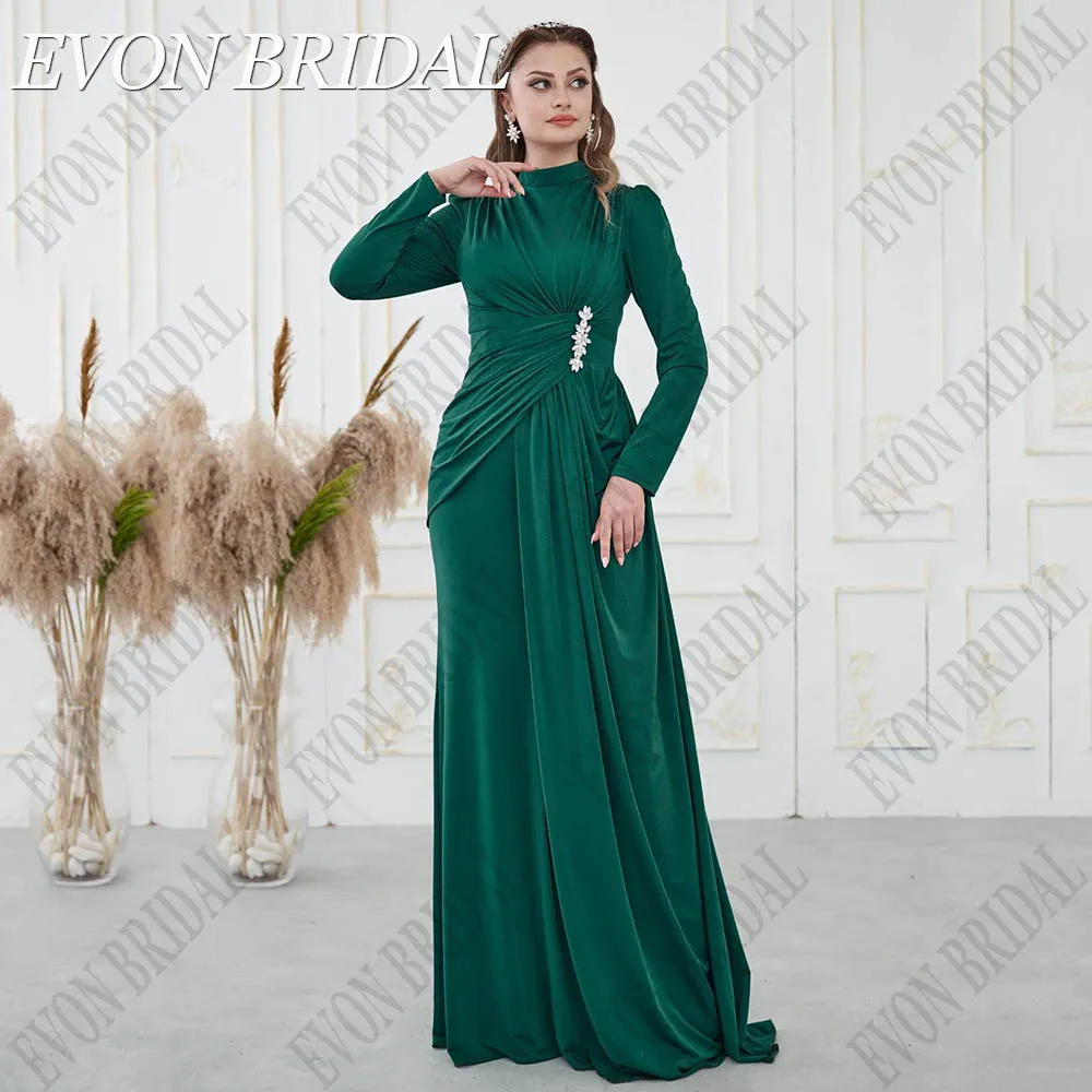 

Элегантное Атласное мусульманское вечернее платье EVON для невесты со стразами, арабское платье с широкими рукавами, зеленое платье русалки с высоким воротником для выпускного вечера Элегантное атласное мусульманское в