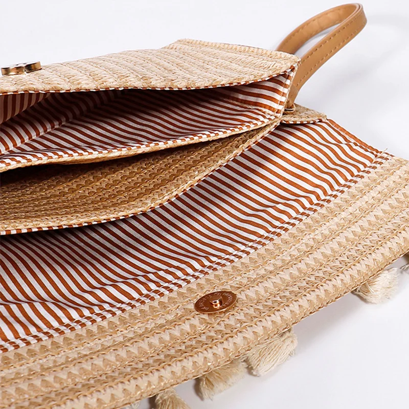 Rhinestone Tassel Straw Clutch Woman Fashion Woven Dinner Clip Bag Clutches Women's Summer Casual Vacation Phone Bag Coin Purse