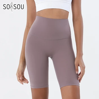 SOISOU 여성용 나일론 반바지, 체육관 요가 사이클링 반바지, 하이 웨이스트 탄성 통기성, T 라인 없음, 피트니스 여성 의류, 24 색