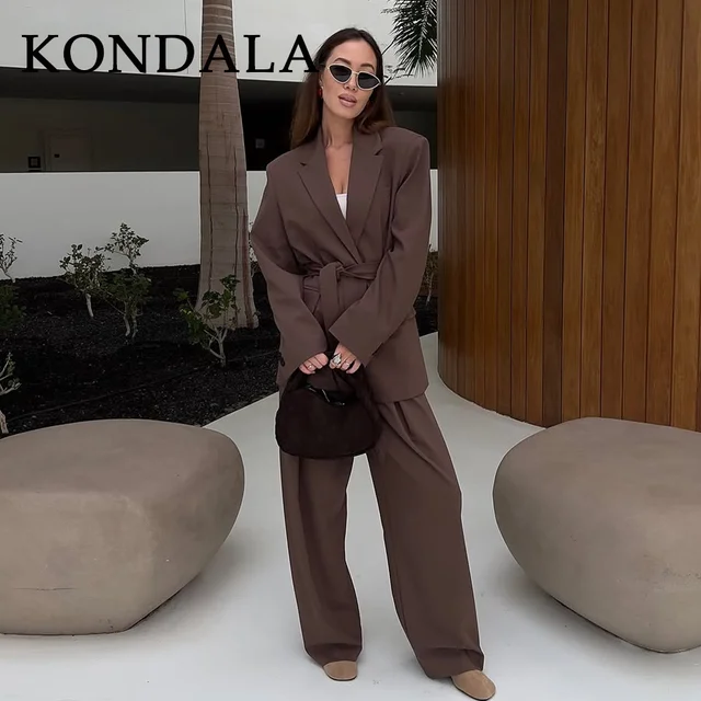 KONDALA 2026 Spring Office Lady Elegant Brown Women Suit Fashion Casual Sashes Oversized Shrug Blazer Chic Zipper Long Pant