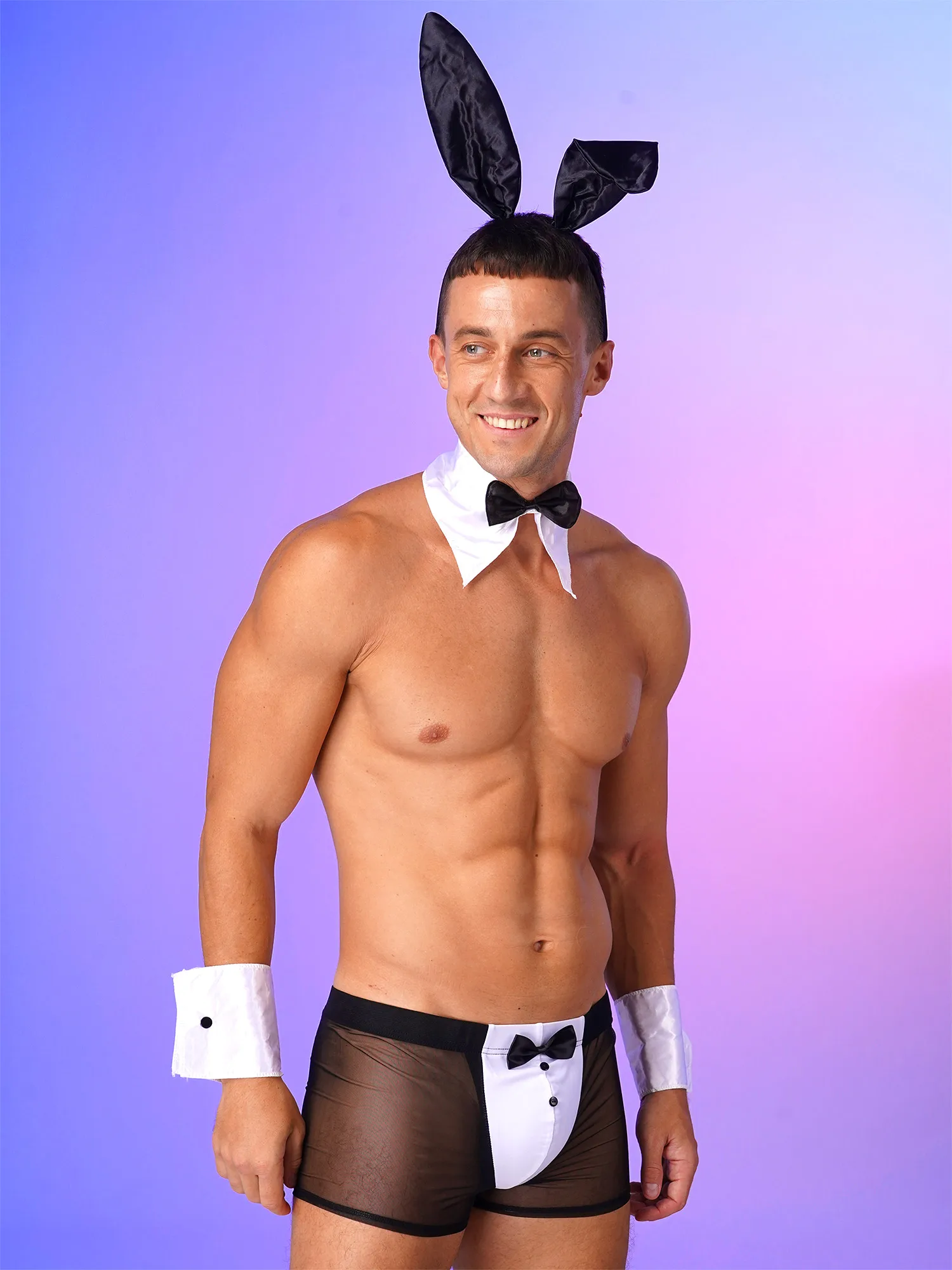 Bunny Role Play Sexy Gay Men Lingerie Set Adult Waiters Costume Rabbit Ears Boxer Briefs Underwear Headband Bowtie Collar Cuffs Men Costume Accessories
