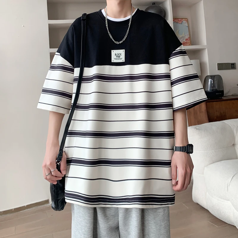 

Korean Youthful Vitality Pullovers Basic Striped Men's Clothing Casual Half Sleeve Summer O-Neck Loose Stylish Spliced T-shirts