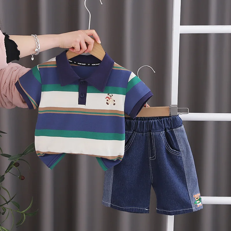 Toddler Summer Outfit Clothes for Kids Boy 1 To 5 Years Cartoon Striped Short Sleeve T-shirts and Shorts Boys Tracksuits