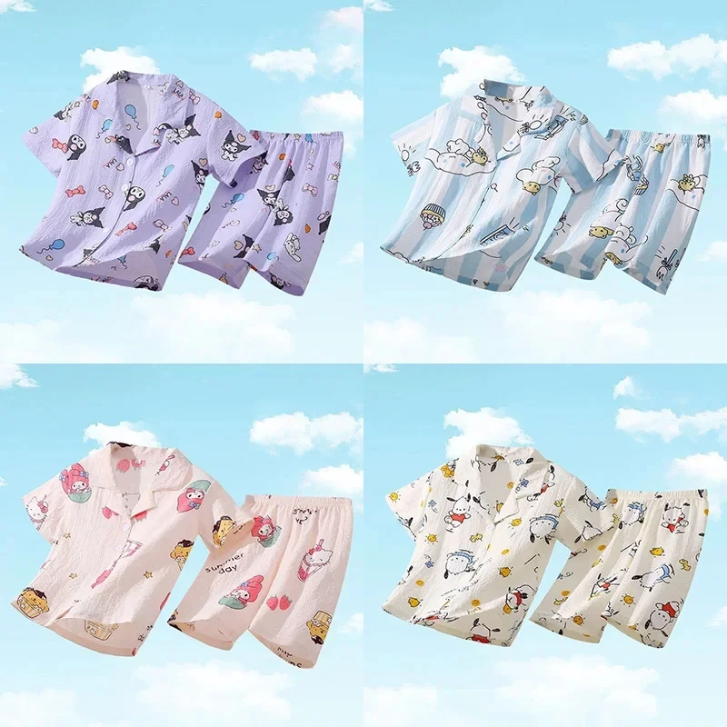 

Sanrio Cinnamoroll Pajamas Sets Summer Children Cute Anime Hellokitty Kuromi Melody Short Sleeve Sleepwear Girls Boys Homewear