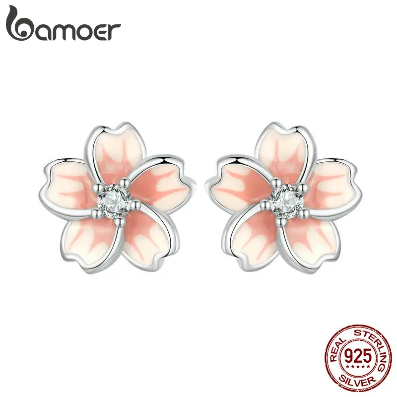 BAMOER 925 Sterling Silver Flower Earrings With Enamel & CZ - Screw Back, Nickel-Free, For Women