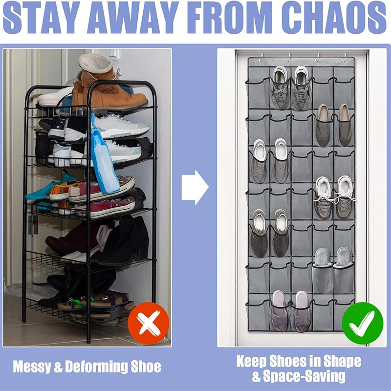 Over the Door Shoe Organizer 24 Pockets Large Mesh Pockets 4 Hooks Transparent Fabric Shoe Rack Storage Bag For Bedroom