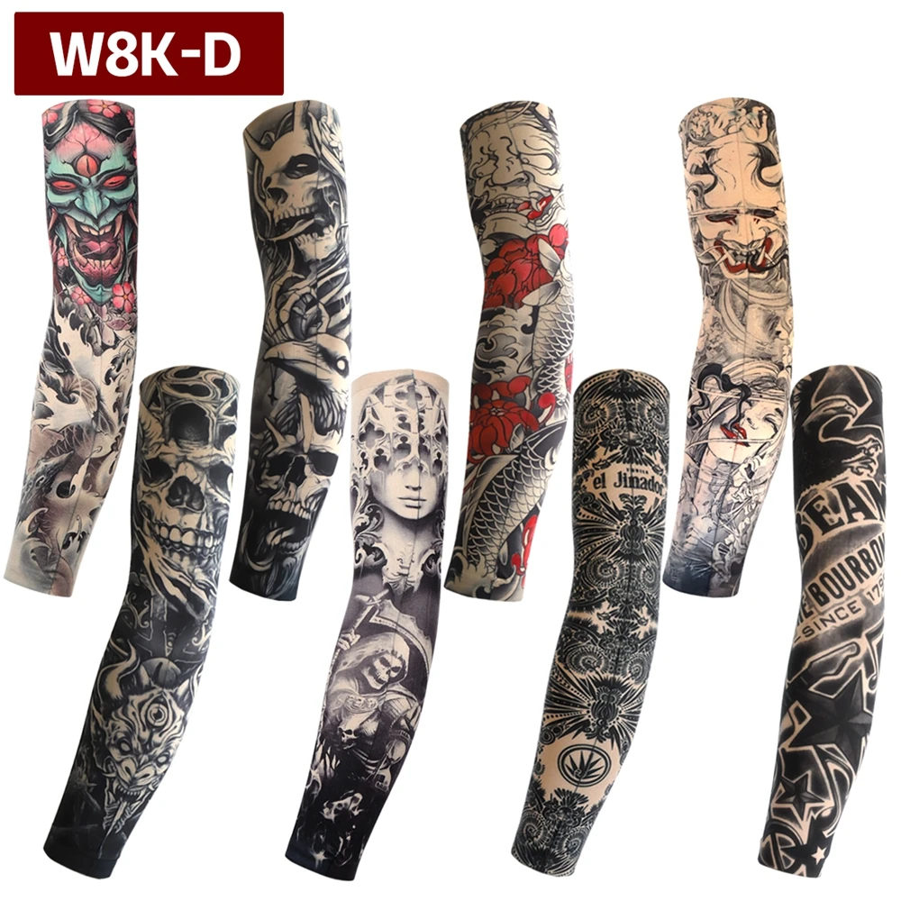 8pcs Men Long Summer Tattoo Sleeves Seamless Armguard Sun Protection Cover Outdoor Gloves Driving Ice Silk Women Arm Sleeves