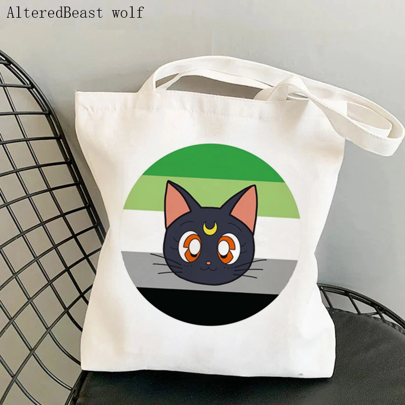 Women Shopper bag Asexual Pride Sailor Meow Kawaii Bag Harajuku Shopping Canvas Shopper Bag girl handbag Tote Shoulder Lady Bag