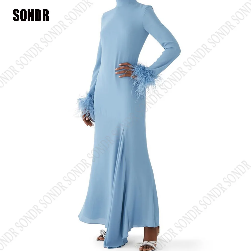 

SONDR Elegant Light blue Arabic Women Evening Dresses Long Sleeves Feathers Dubai Formal Prom Gowns Outfit Garment Vestidos