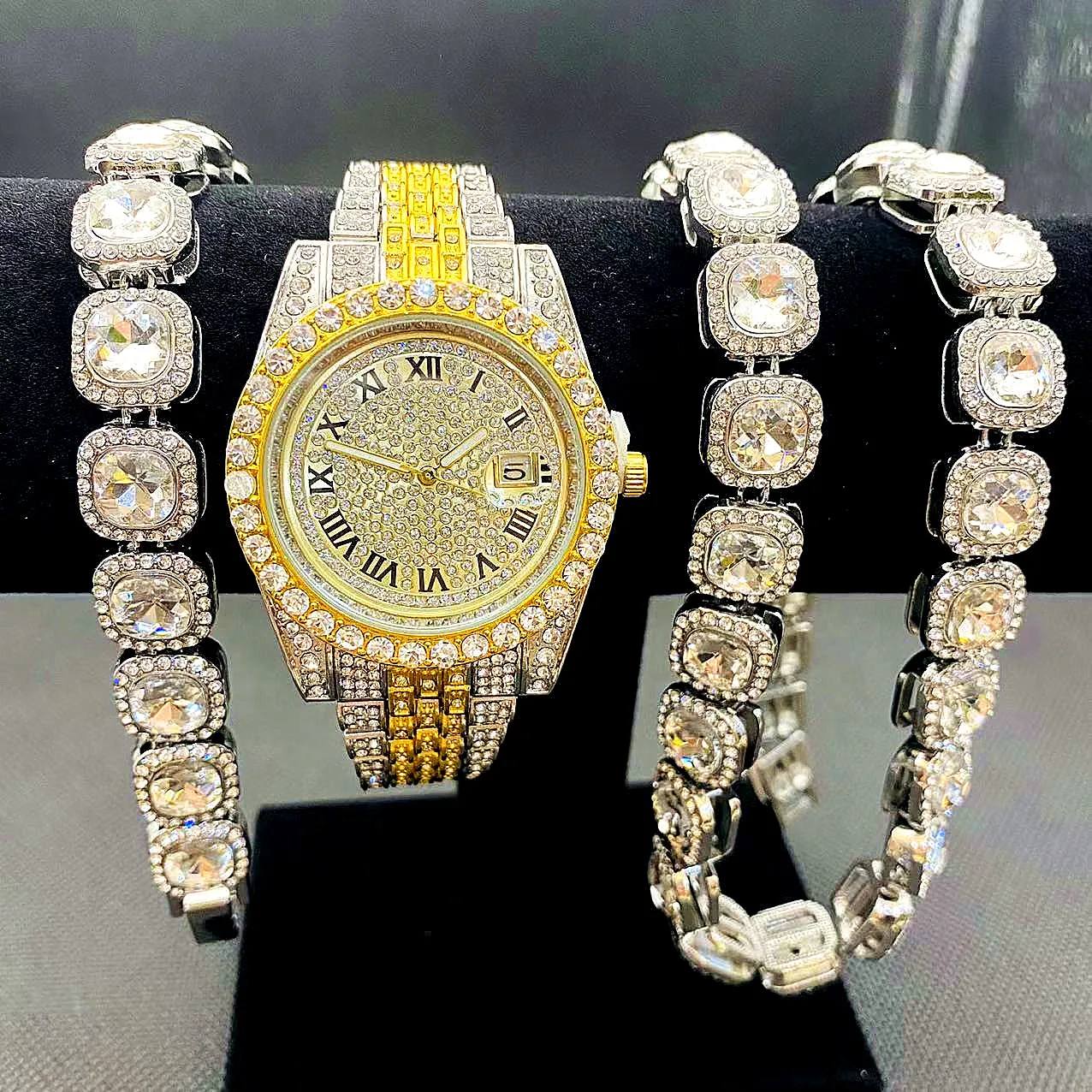 3pcs Full Iced Out Watches Mens Gold Cuban Tennis Chain Bracelet Necklace Bling Watch for Men HipHop Jewelry Men Watch Clock Set 3pcs iced out cuban tennis chains necklace watches quartz women men s silver color bracelet set hip hop clock jewelry gifts