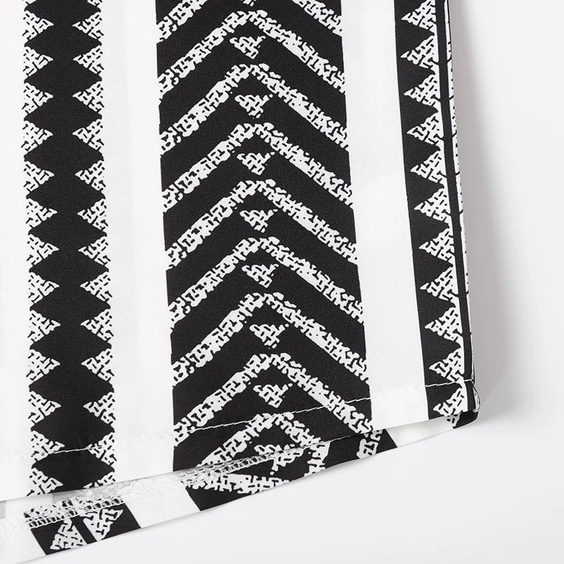 Retro Herren Geometrisch Gestreiftes Hemd Kurzarm Tribal-Print Knopfleiste Hawaii-Hemd Sommer-Oberteil Schwarz-Weiß Farbblock – Detail 9