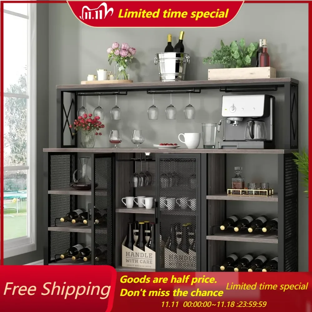 Wine Bar Cabinet, 55 Inches Industry Coffee Bar Cabinet with Wine Rack and Glass Holder, Kitchen Sideboard Buffet Cabinet