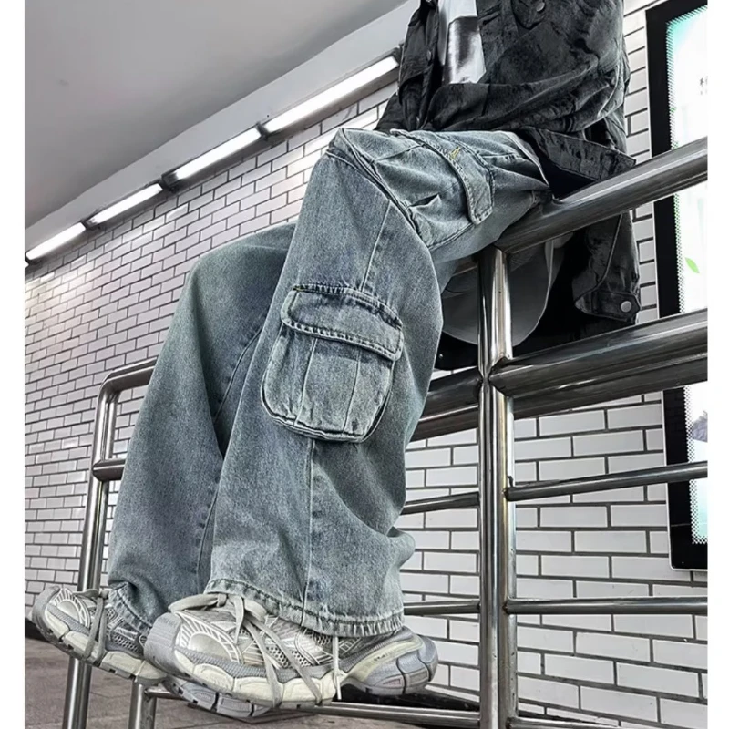 Autumn Men's Jeans High Street American Retro Full Length Straight Leg Hip Hop Loose Casual Streetwear for Male Y2k Denim Pants