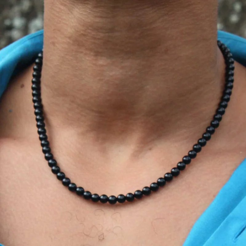 Mens Back Fabric Necklace | Necklace For Men Set With a Stainless Steel  Bead - Handmade Choker Necklace For Men - 17.7” Total Length