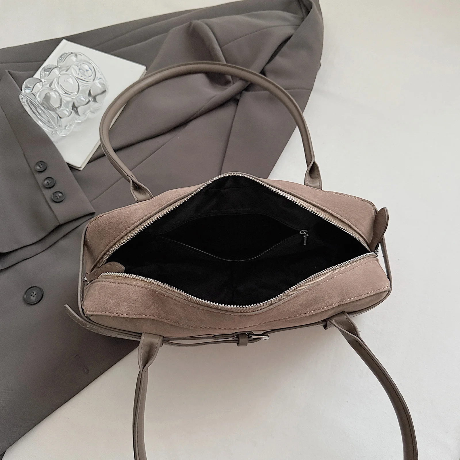 Faux Suede Casual Handbag Solid Color Versatile Shoulder Bag Large Capacity Elegant Boston Bag Women Commute Bag