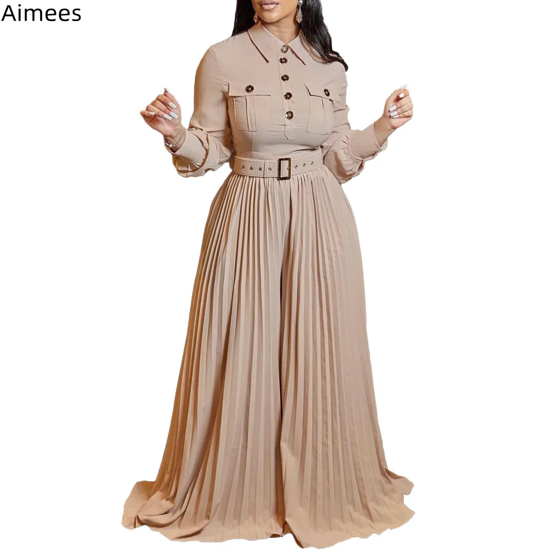 

2023 New Fashion Long-sleeved Women Jumpsuit Elegant Pleats Wide Leg Rompers Turn Down Neck Buttons Belt Graceful Pants Clothing